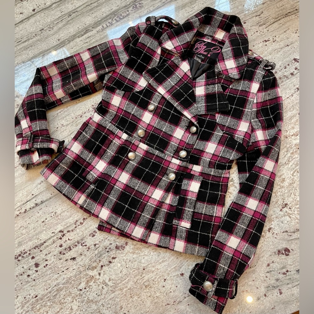 Say What Women's Pink Black Plaid Double Breasted Lined Button Down Coat Jacket